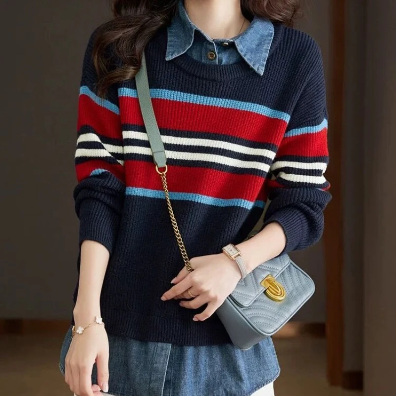 

2023 Autumn Knitted Sweater Women Korean Fashion Fake Two-piece Set Women Sweaters Long Sleeve Pullover OL Women Clothing Jumper