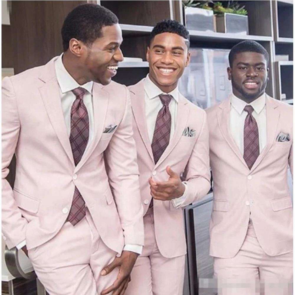 2022  Pink Wedding Groomsmen Suits For Groom Tuxedos Two Piece Notched Lapel Custom Made Men Suits New (Jacke+Trousers))