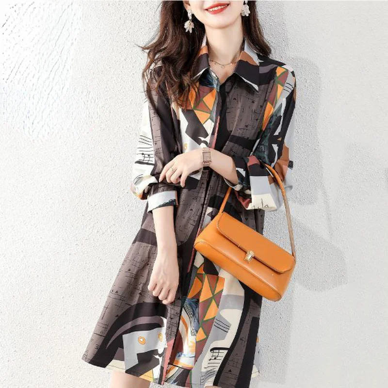 

Женское платье-рубашка с отложным воротником, демисезонное платье-трапеция с длинным рукавом, E135, 2022