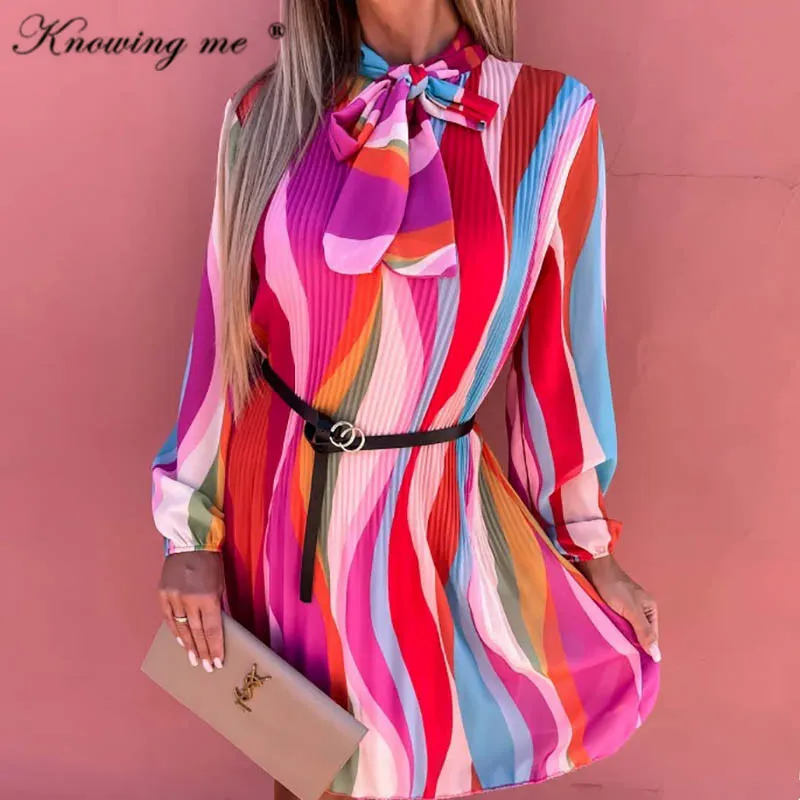 

Женское платье с бантом на воротнике, Элегантное летнее плиссированное платье-трапеция в полоску с принтом, осеннее платье с длинным рукаво...