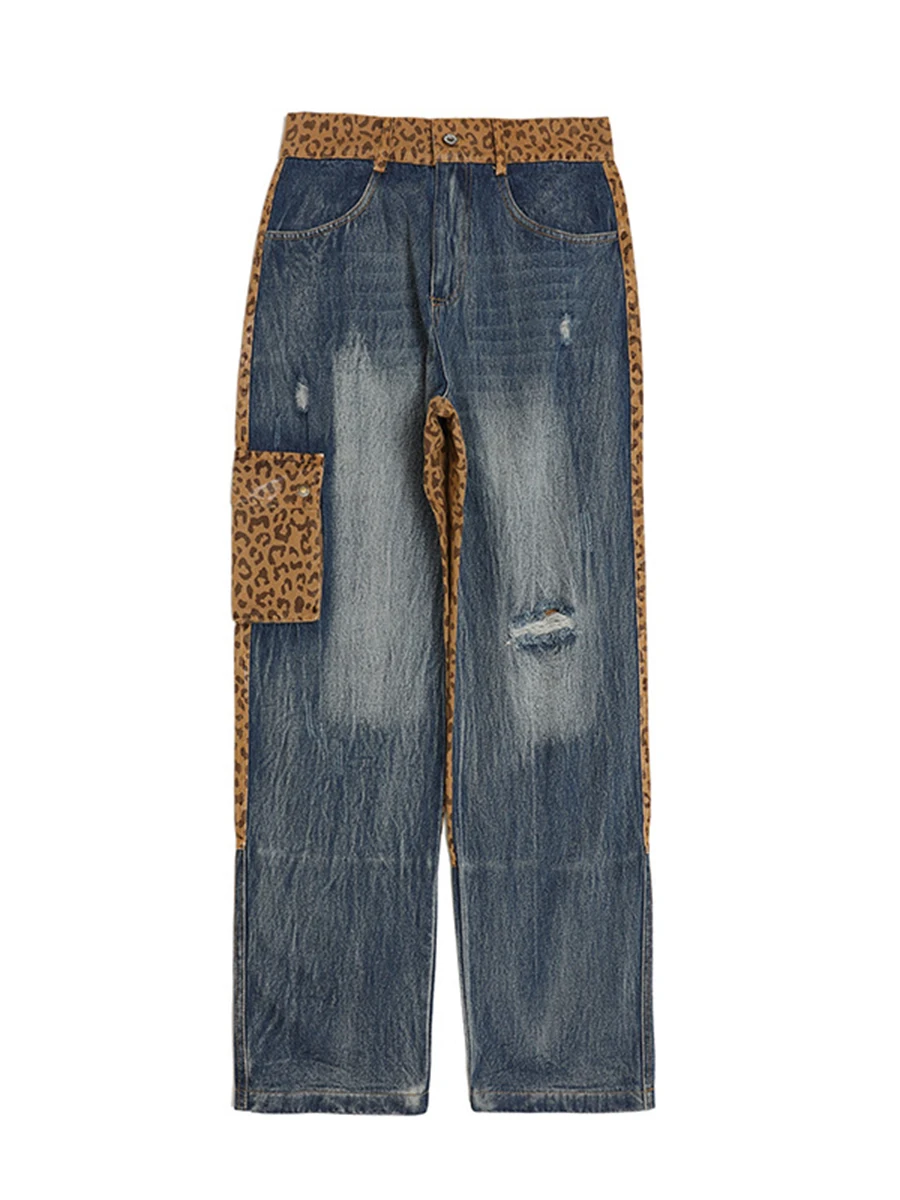 Four Seasons Trend Men Leopard Print Stitching Ripped Jeans Loose Casual Trousers Y2k Men Jeans Fashion Streetwear Ins Hot Sale