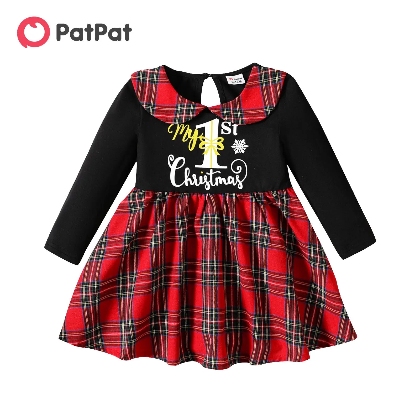 

PatPat Christmas Baby Girl Letter Print Peter Pan Collar Long-sleeve Spliced Plaid Dress