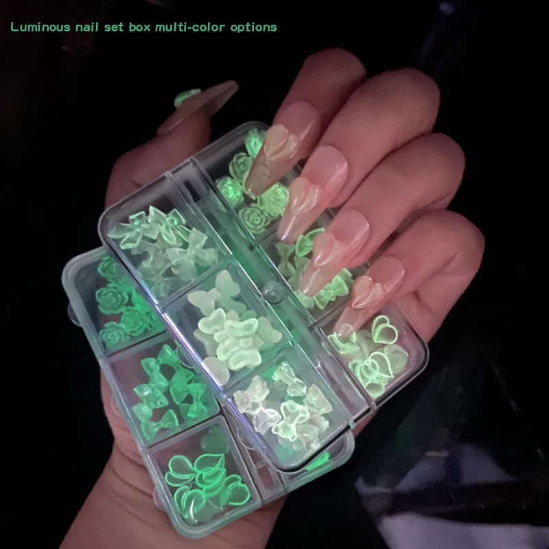 

1Box Kawaii Bear,Bow,Flower Nail Charms Rhinestions Resin Gems Luminous Glitter Stones Glow in the Dark Manicure Nail Decoration