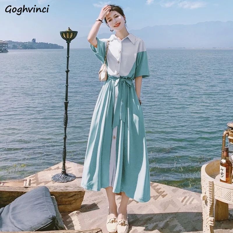 

Dress Women Patchwork Vintage Midi Summer Temperament Thin Elegant Turn-down Collar New Design French Style Tender Female Simple