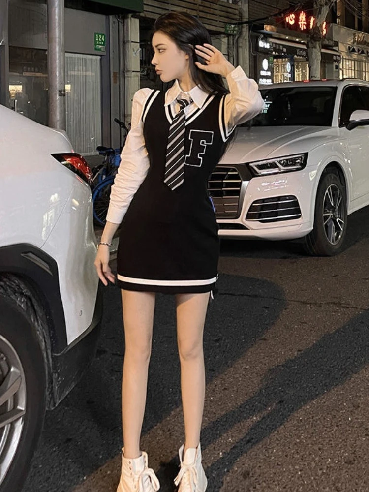 

Knitted Vest Dress + Shirt Women Suit Spring and Autumn New Long Sleeve Shirts Skinny Long Skirt Stretch Sexy Party Girl Fashion