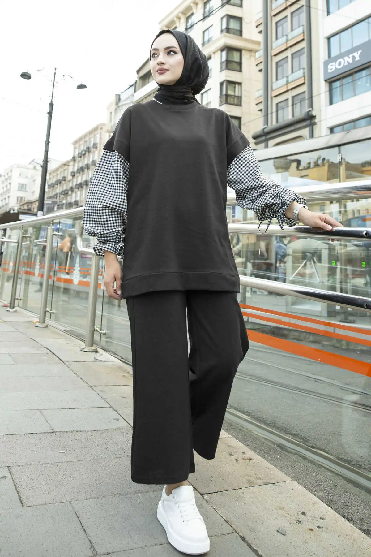 Plaid Oversize Suit Anthracite for Muslim women Muslim clothing Clothes abayalar 2021 head scarf knitted suit Winter