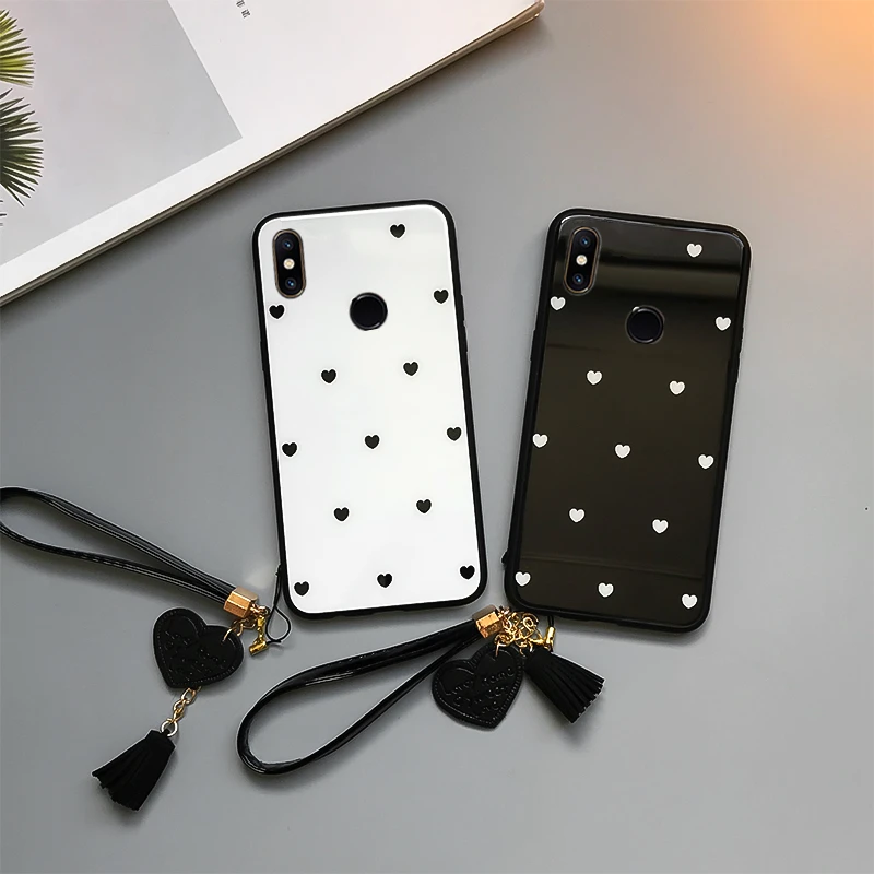 

BONVAN Tempered Glass Case For Xiaomi Mi 8 Lite Explorer Love Heart Lanyard Hard Cover For Xiaomi Mi 8 9 SE Wristband Couqe Capa