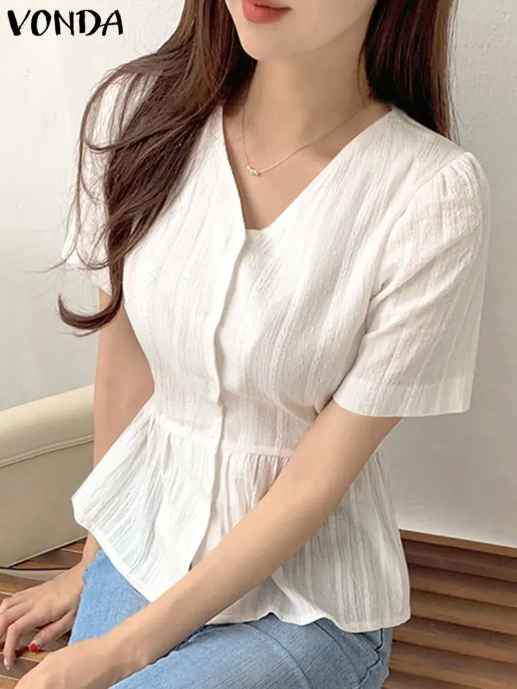 

VONDA 2023 Summer Blouses Fashion Shirts Women Short Sleeve Tunic Tops Casual Solid Color Elegant Loose Sexy V-Neck Blusas