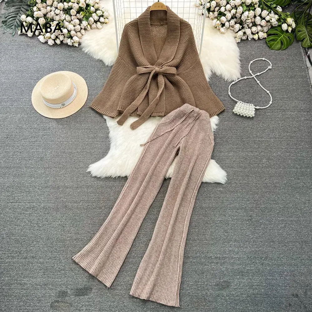 

Женский элегантный вязаный костюм из двух предметов, свободный свитер с рукавом «летучая мышь» и трикотажные брюки с широкими штанинами, костюм на осень и зиму