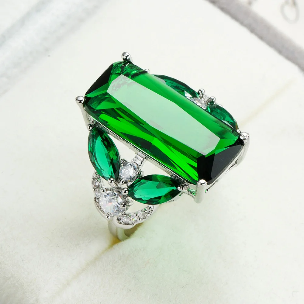 

Fashion Geometry Women's Ring Fashion Women's Silver Jewelry Jade Green Zircon Elegant Anniversary Gift Wholesale