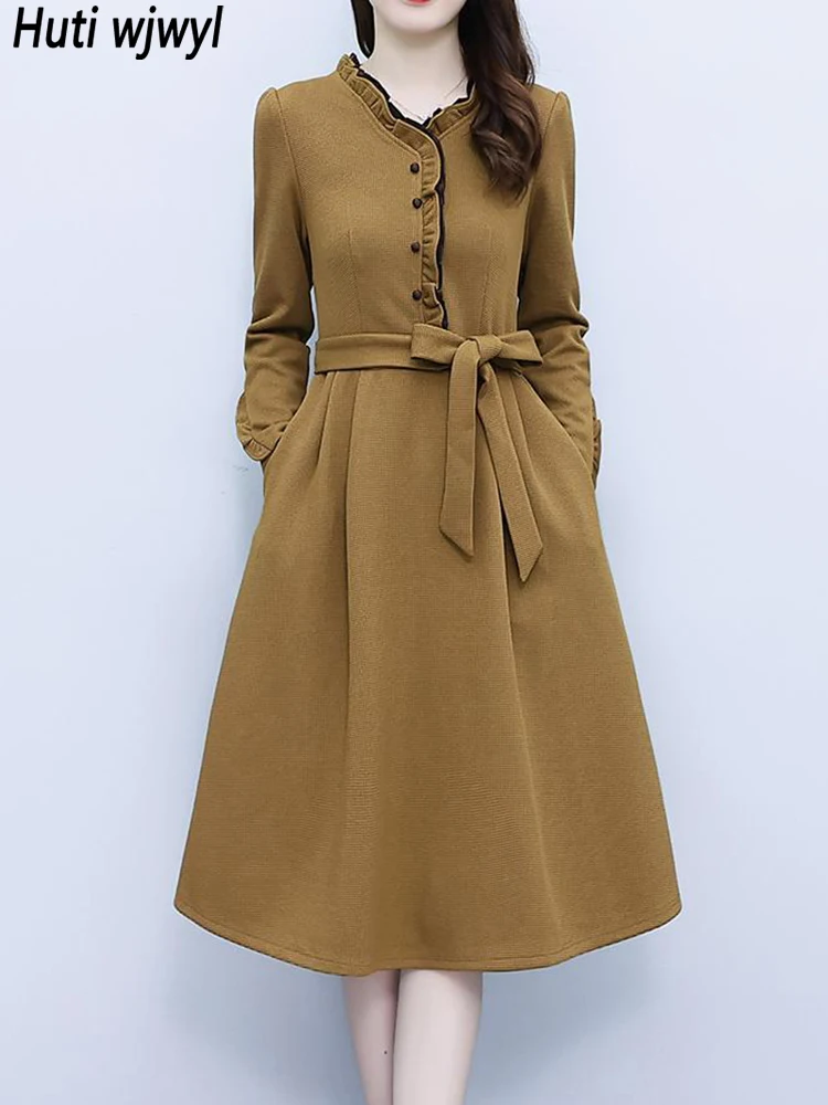 

Черные платья миди с длинным рукавом и оборками на воротнике, Осень-зима, корейское винтажное платье 2023, элегантное женское облегающее вече...