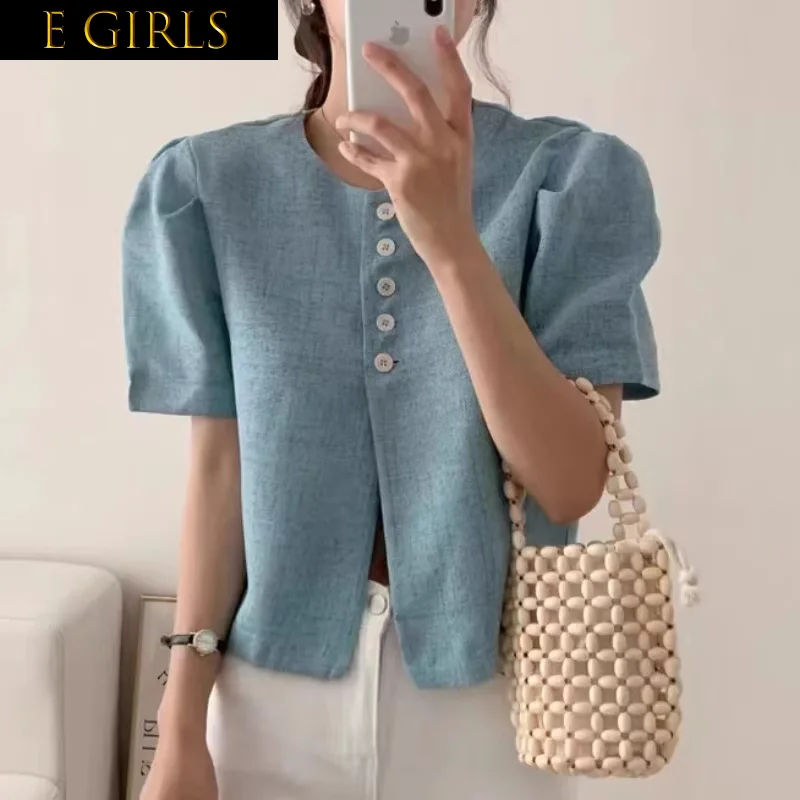 

E GIRLS Vintage Niche Design Women Blouse Half Button Short Puff Sleeve O Neck Simple Femme Blusas 2023 Summer Korean Chic Loose