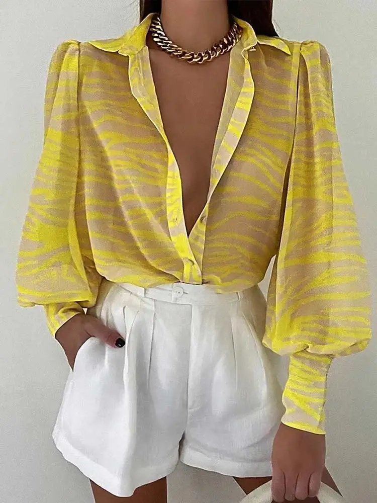 Женская рубашка с цветочным принтом и пышными рукавами элегантные повседневные