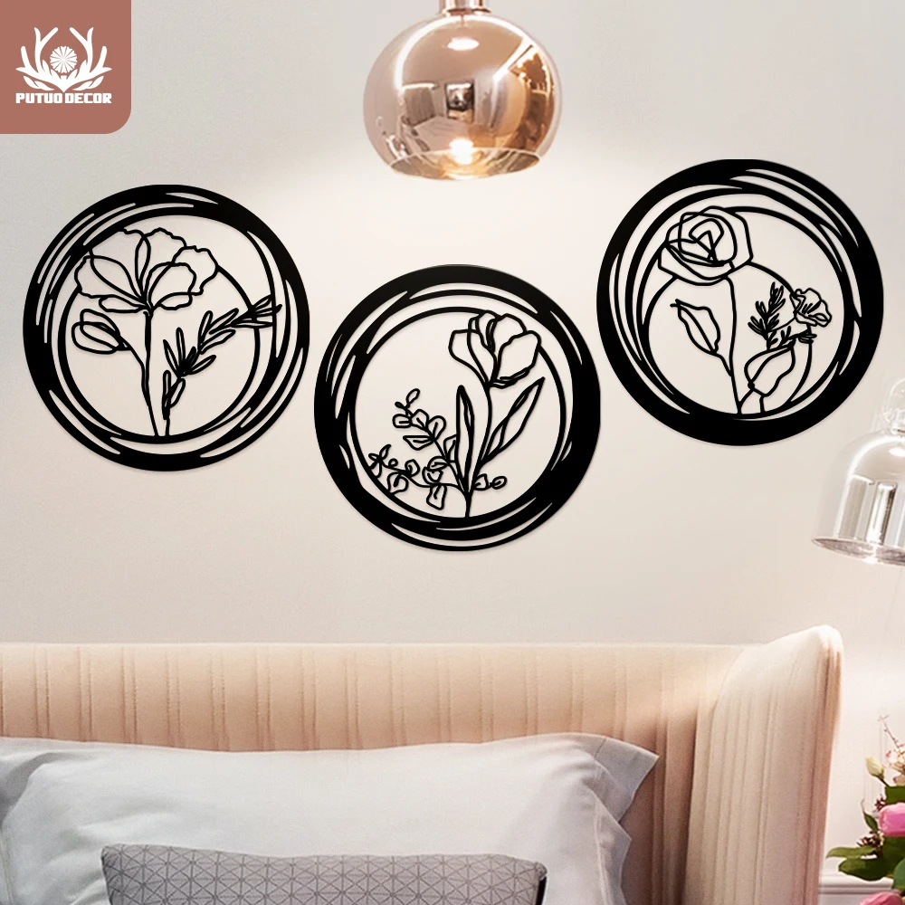 

Putuo Decor Flower Artwork Wooden Minimalist Black Nature Wood Panels Wall Art Floral Decoration for Living Room Bedroom