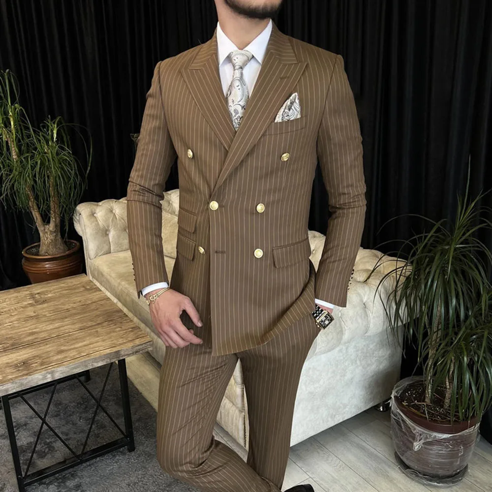 Men's Suits 2 Pieces High Quality Striped Suit Double Breasted Suit Business Casual Wedding Groom Groomsmen Clothing