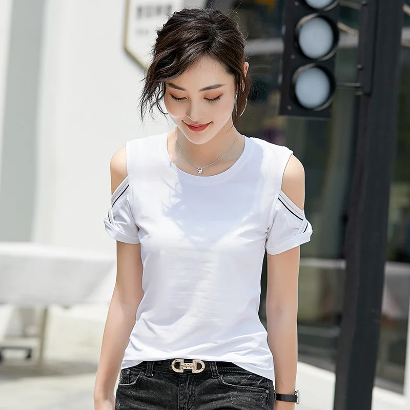 

Футболка женская с коротким рукавом, модная однотонная облегающая Простая рубашка с круглым вырезом и открытыми плечами, весна-лето 2022