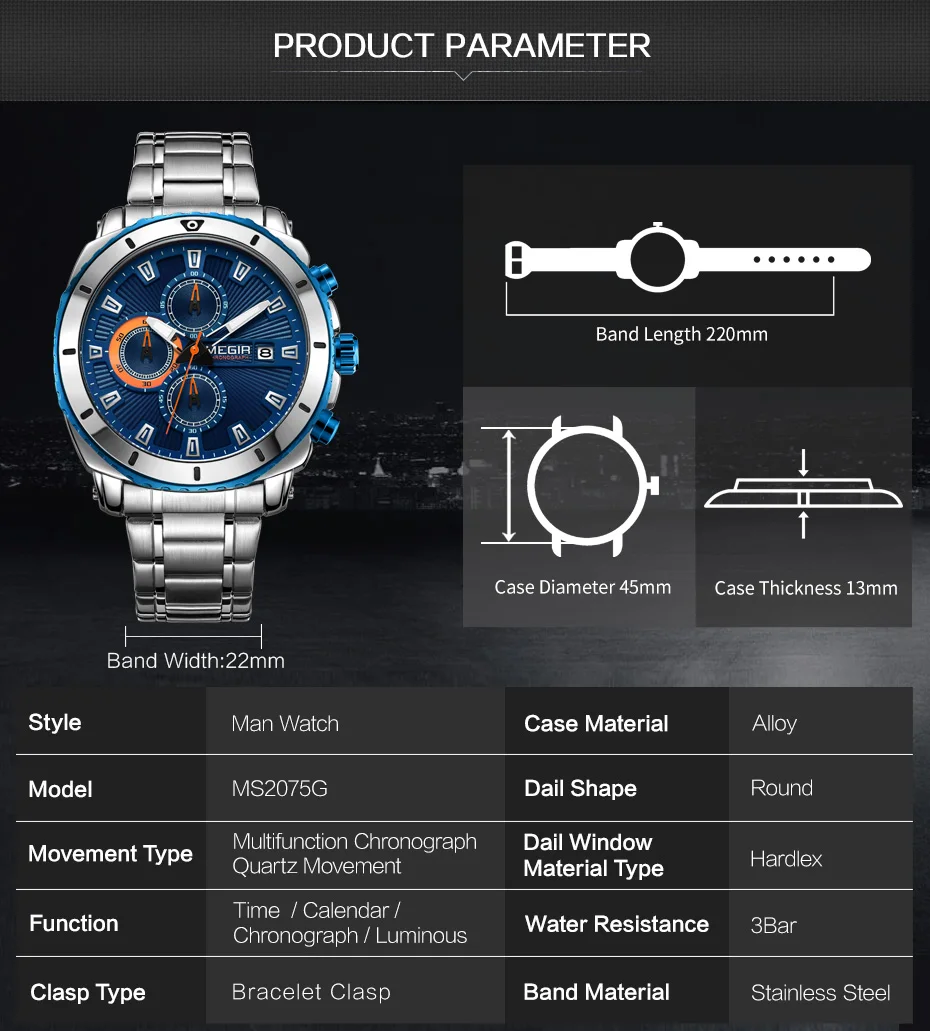 MEGIR Бизнес Часы для Мужчин Кварцевые Наручные Из Нержавеющей Стали Роскошные