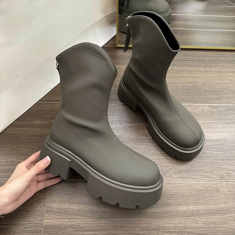 

Rimocy Chunky Platform Ankle Boots Women Pu Leather Square Heels Combat Boots Woman Zipper Thick Bottom Short Booties Female