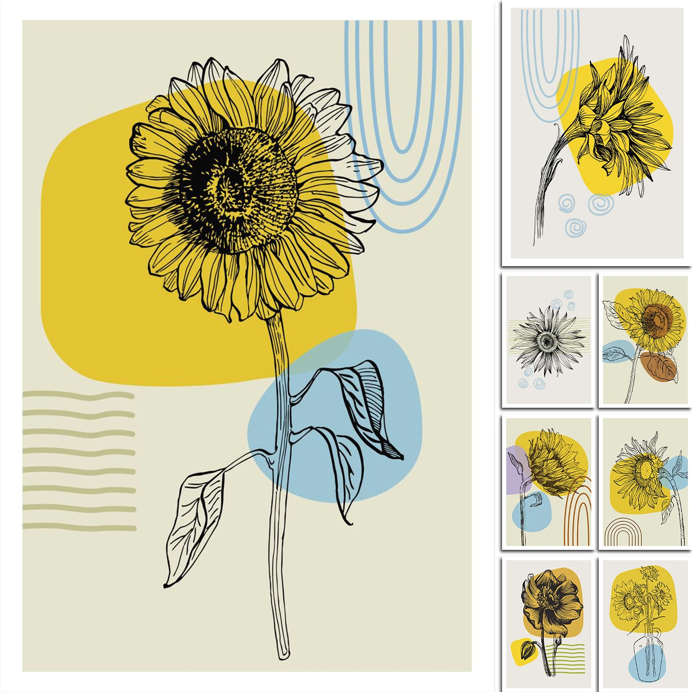Постер "Линейная иллюстрация подсолнуха с пастельными цветовыми пятнами" на холсте. Современное искусство для украшения стен в гостиной, спальне или детской.