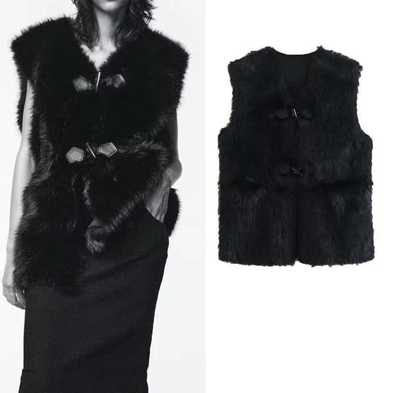 

Winter 2022 New Black Faux Fur Effect V-neck Single-Row Horn Buckle Warm Temperament Fashion Vest Vest Female