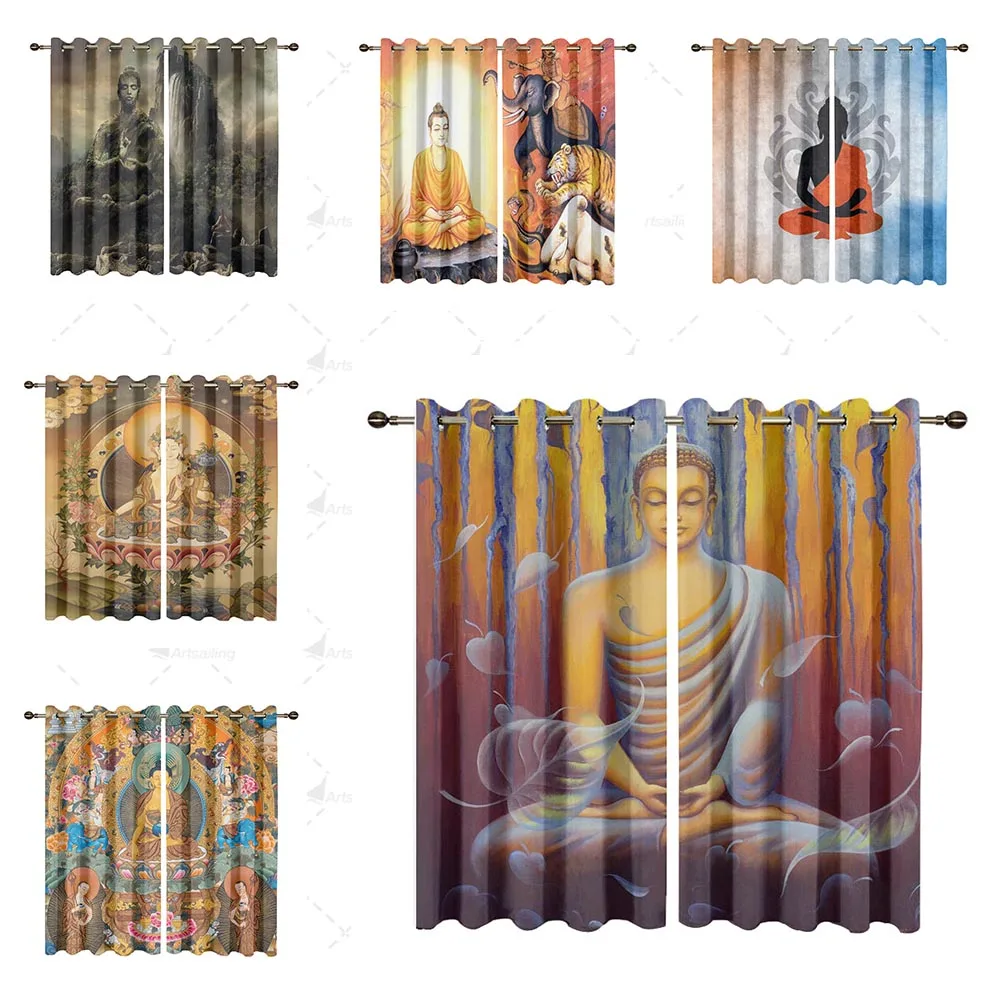 

Buddha Image Pattern Home Textile Decoration Printed Blackout Window Curtains Bedroom Living Room Art Custom Drapes Curtains