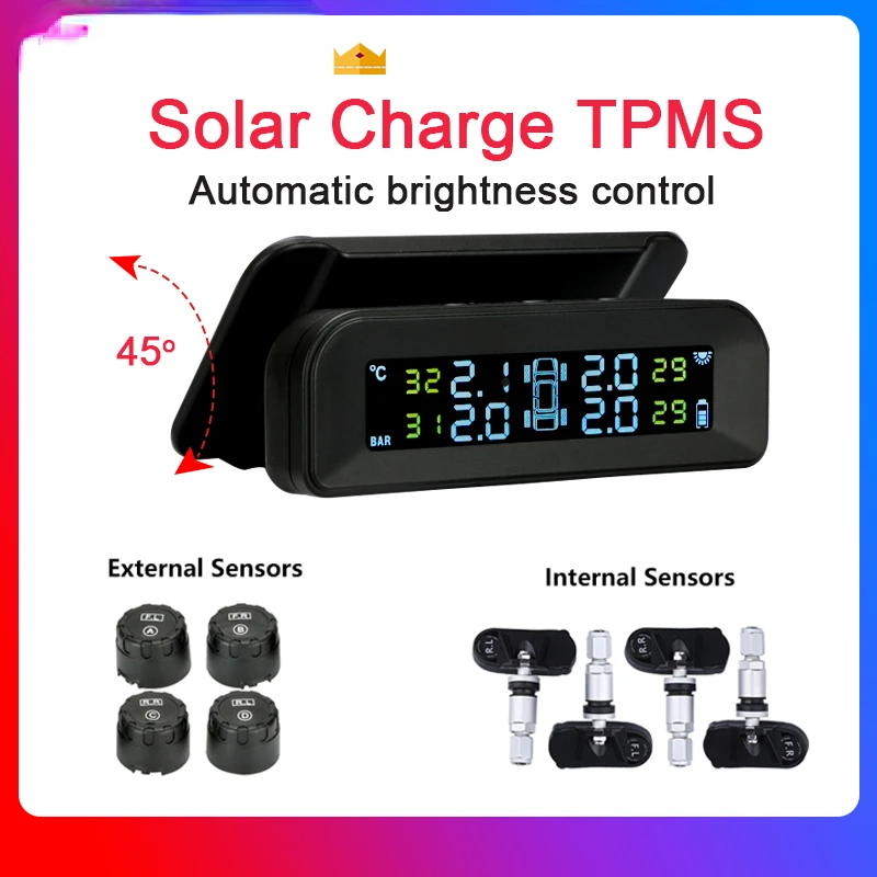 

Car Tire Pressure Monitor System Automatic Brightness Control Attached to Glass wireless Solar Power tpms with 4 Sensors