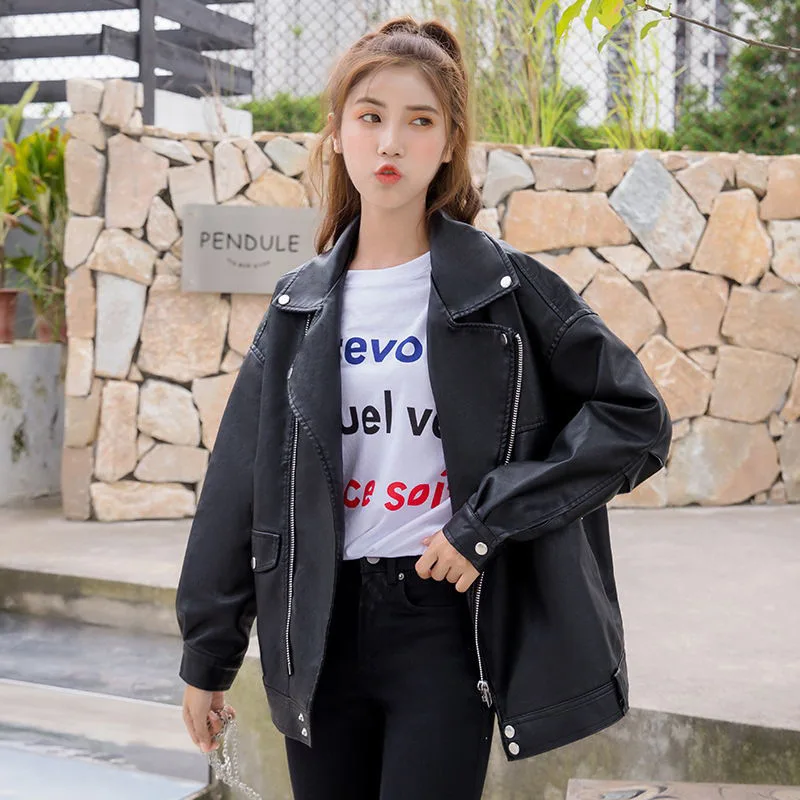 2022 Spring  Autumn Leather Coat Women's Short Korean Fashion Loose Student Bf Motorcycle Leather Jacket  Korean Black Loose Top