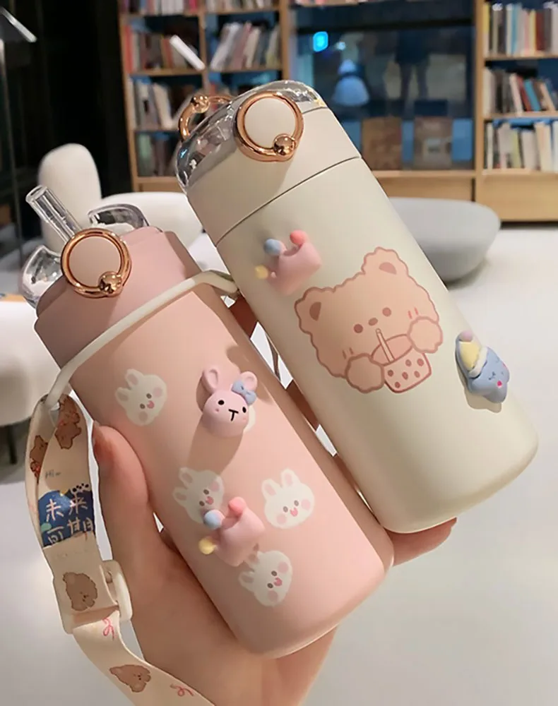 

350/480ml Cartoons Stainless Steel Vacuum Flask Coffee Tea Milk Travel straw Cup Cute Bear Water Bottle Insulated Thermos