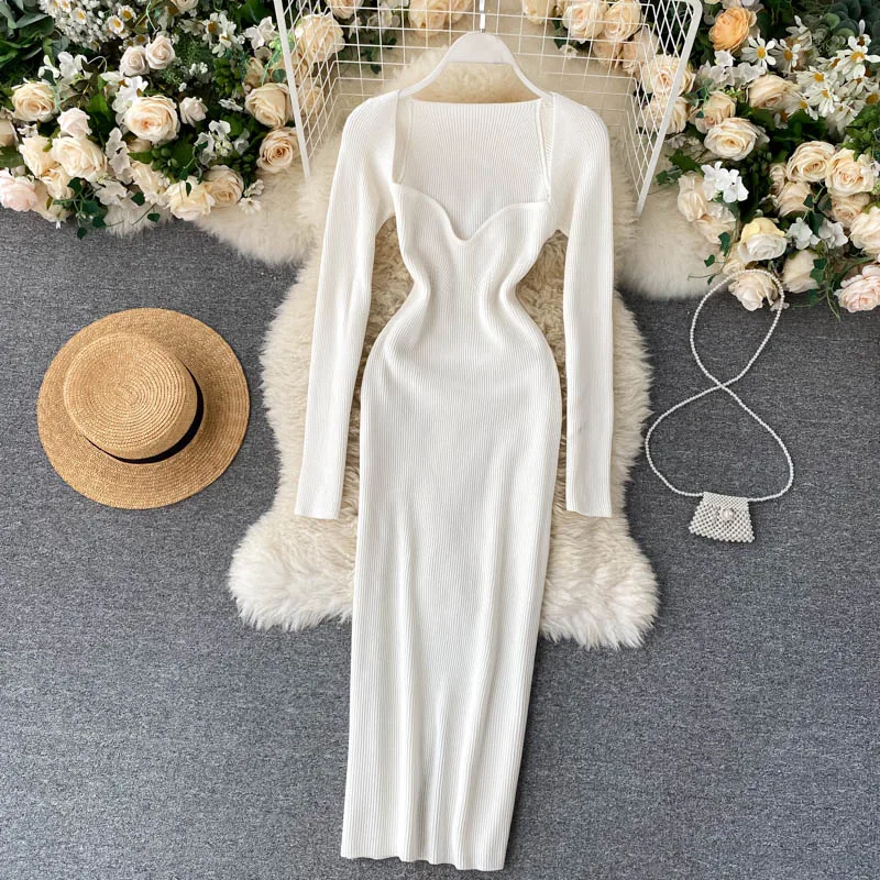 

2022 Fall Knitted Long Dress Women Square Neck Sexy Skinny Stretch Vestidos Long Sleeve Split Winter Dresses Female DR002
