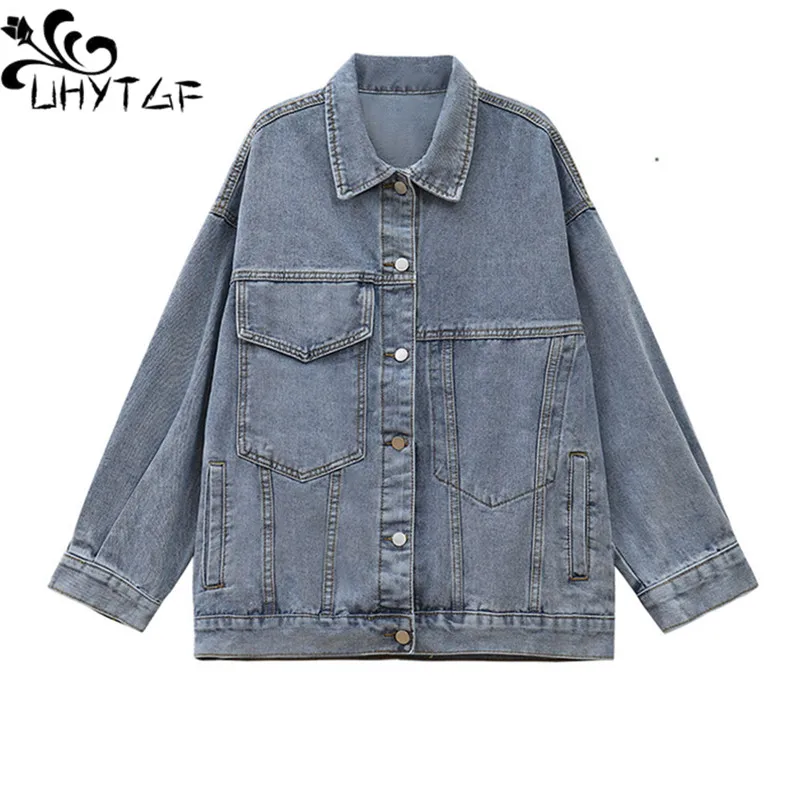 

UHYTGF Denim Jacket Women Mid-Length Spring Autumn Jeans Coat Female Korean Loose Oversize Top Vintage Lapel Outewear Ladies 364