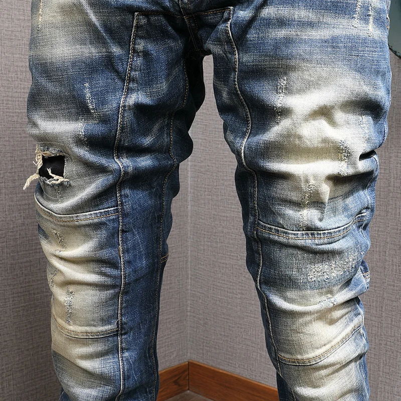 Fashion Streetwear Men Jeans Retro Washed Blue Elastic Slim Fit Ripped Jeans Spliced Designer Hip Hop Denim Biker Pants Hombre