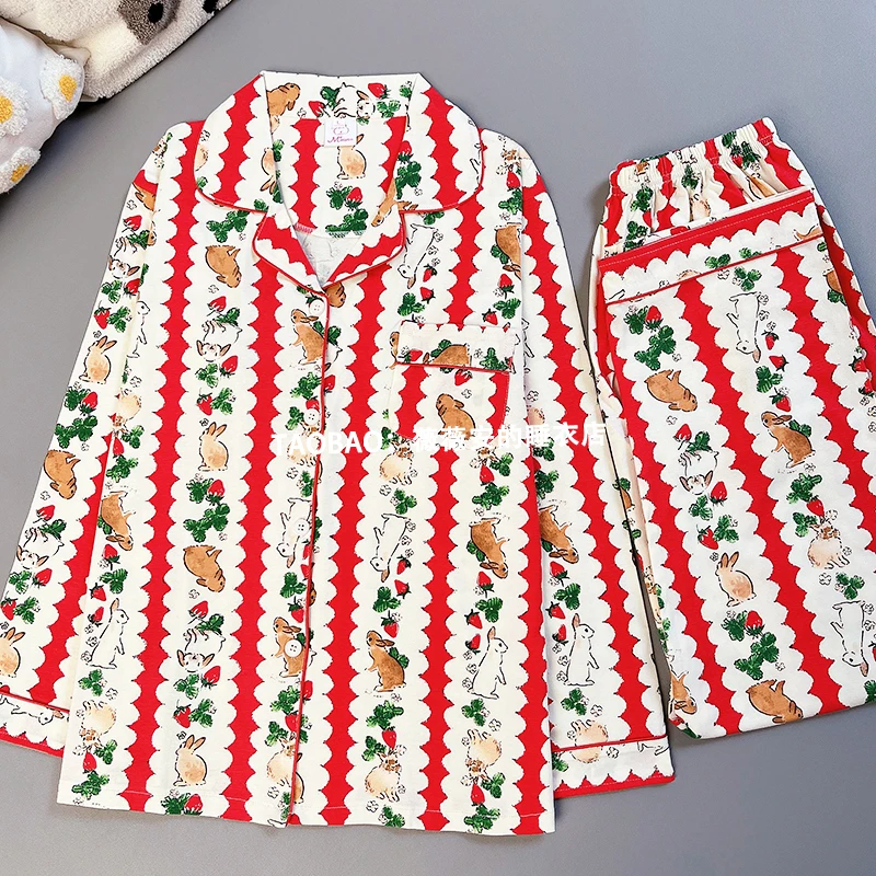 

Весенняя Хлопковая пижама с длинным рукавом 2023, Женский комплект домашней одежды в полоску с цветочным рисунком кролика, одежда для сна с отложным воротником, Женская домашняя одежда