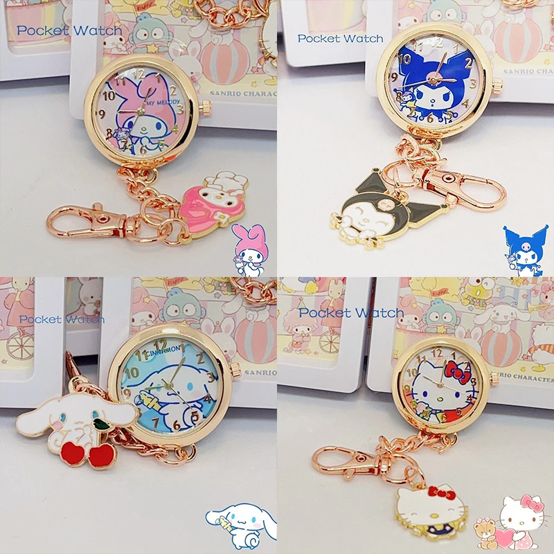 

Kawaii Hello Kitty Sanrio Anime Kuromi Cinnamoroll Keychain Pocket Watch Cute Cartoon My Melody Timepieces Girls Birthday Gifts