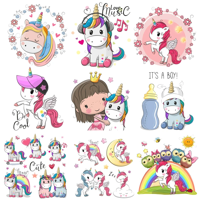 

DIY T-shirt Dresses Applique Heat Transfer Vinyl Cartoon Unicorn Patch Iron-on Transfers Owl Flower Patches for Kids Clothing