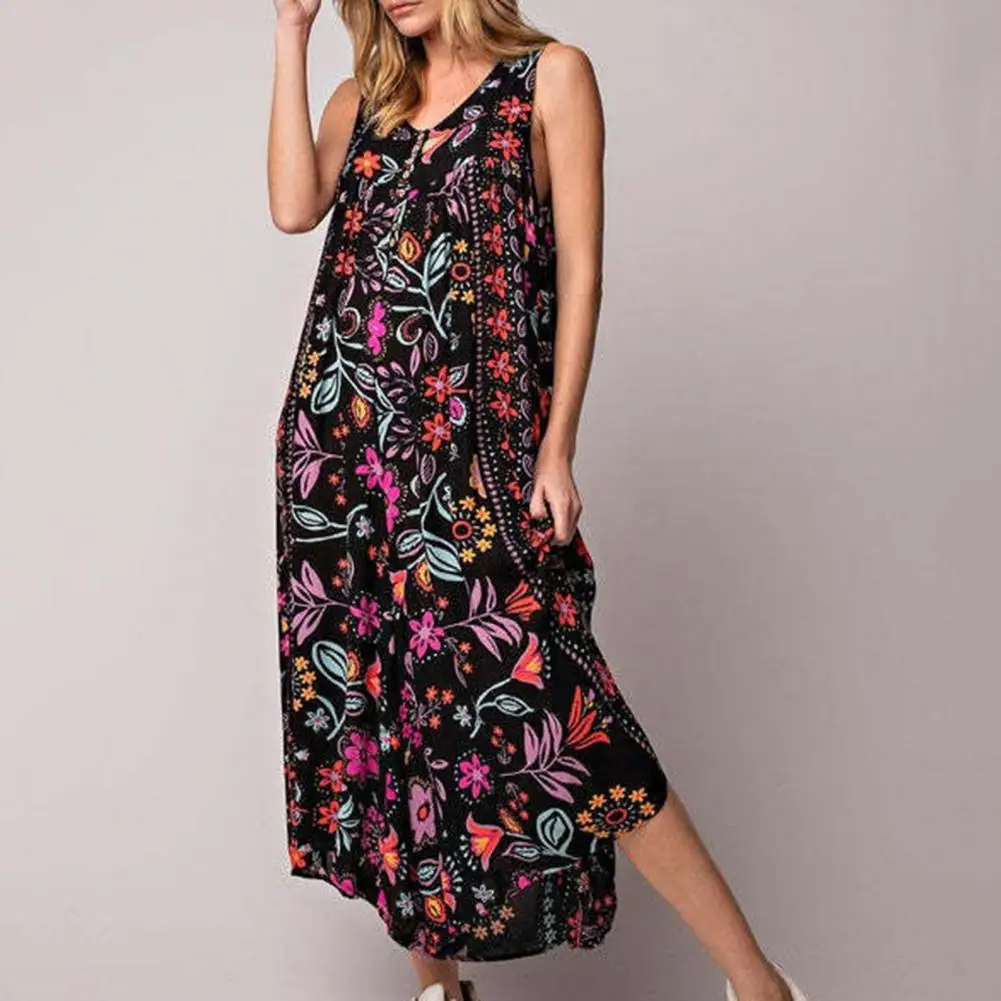 

Bohemia Floral Print Long Jumpsuit V-neck Sleeveless Buttons Half Placket Pockets Wide Leg Casual Playsuit Streetwear