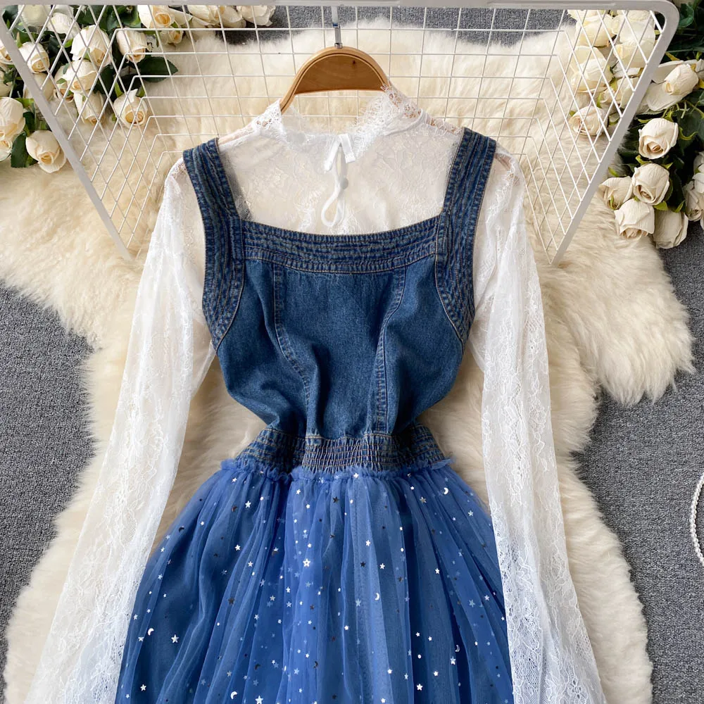 Женское Повседневное платье с длинным рукавом кружевной топ и винтажное