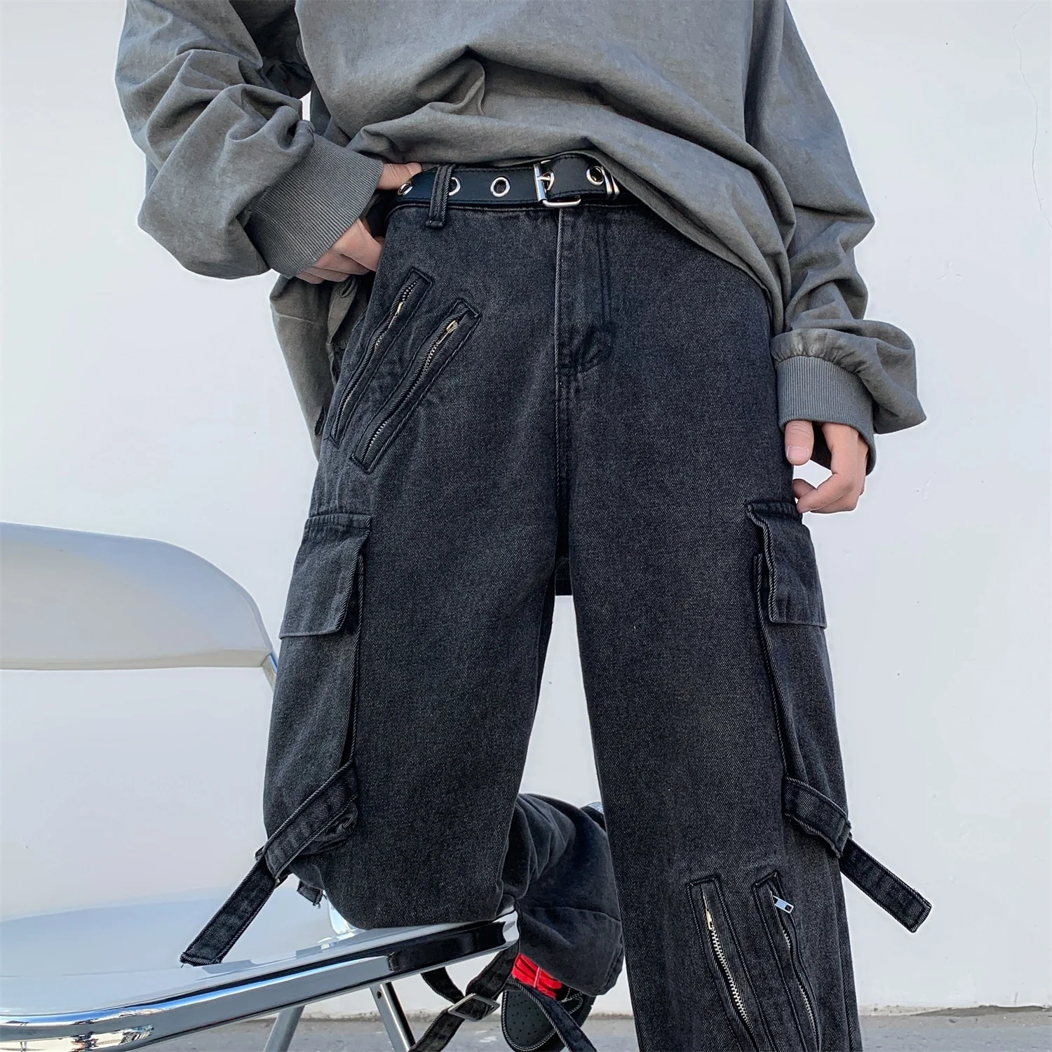 American High Street Vintage Men's Jeans Large Pocket Cargo Pants Wide Leg Loose Denim Pant Hip Hop Y2k Male Streetwear Trousers