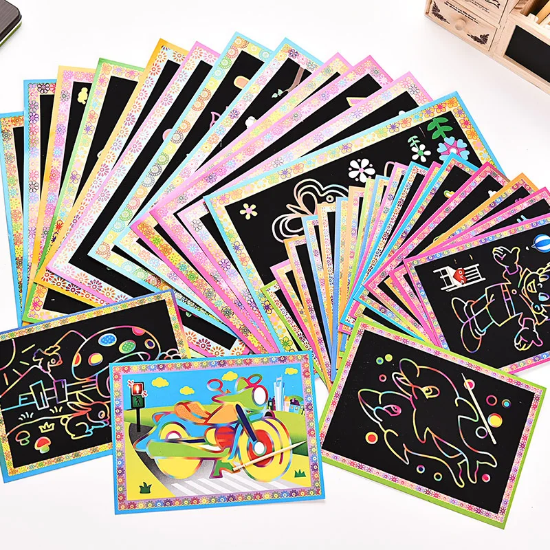 

20Pcs Scratch Art Paper Painting Paper DIY Cartoon Color Scratch Picture Book Children Scratch Paper Bamboo Stick 12.7x17.2cm