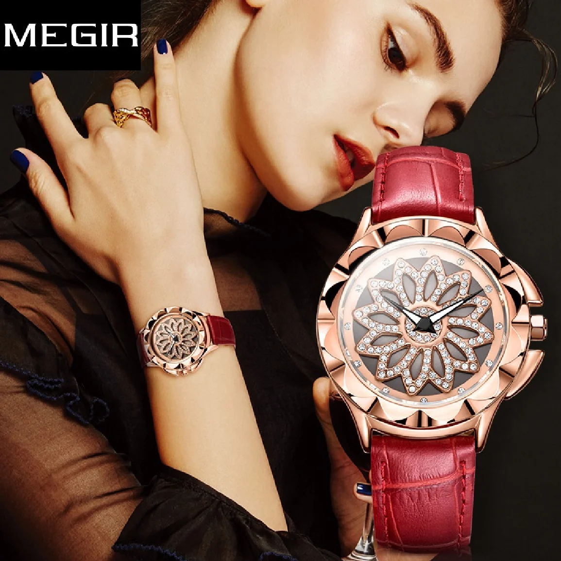 

Часы MEGIR женские кварцевые с вращающимся циферблатом, люксовые Модные Повседневные Элегантные со стразами, с красным кожаным ремешком