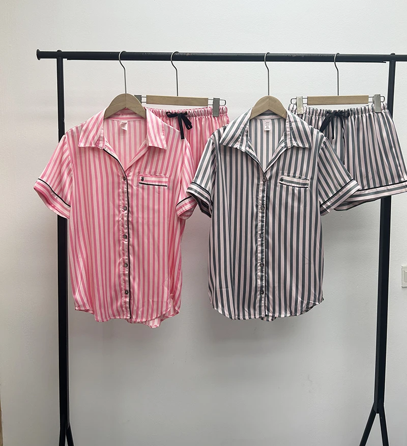 

Striped Ice Silk Satin Pajamas Set Short Sleeve Shorts Two Sets Of Home Wear Women 2023 Summer New Button-down Pyjama