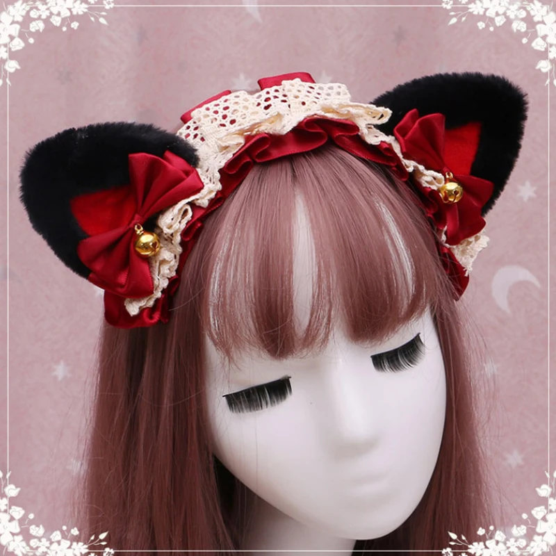 

Lolita Maid Women Girl Ruffles Lace Headband Plush Cat Ears Ribbon Bell Anime Lolita Cosplay Hair Hoop Masquerade Headpiece