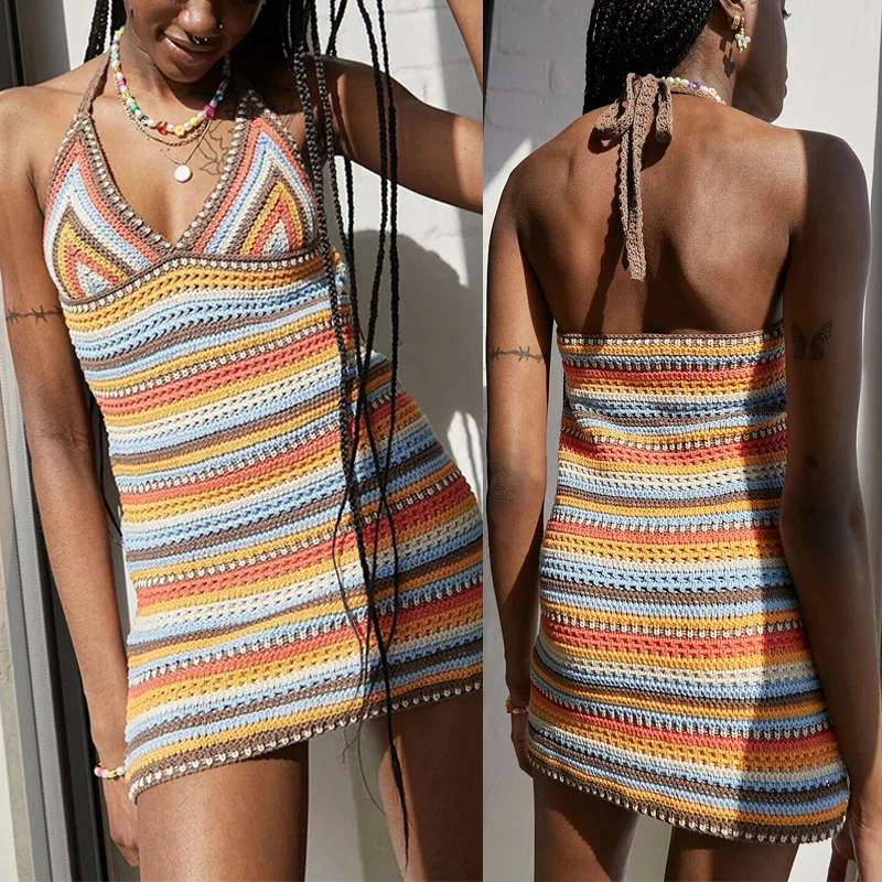 

Women's Fashion Bodycon Mini Dress Sleeveless Backless Color Striped Sexy Halter Neck Slim Summer Vacation Wild Dress