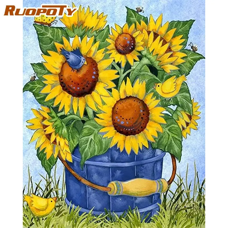 

RUOPOTY Full Round Square Diamond Painting With Frame Diamond Mosaic Sunflowers Cross Stitch For Handiwork DIY Gift Home Decor