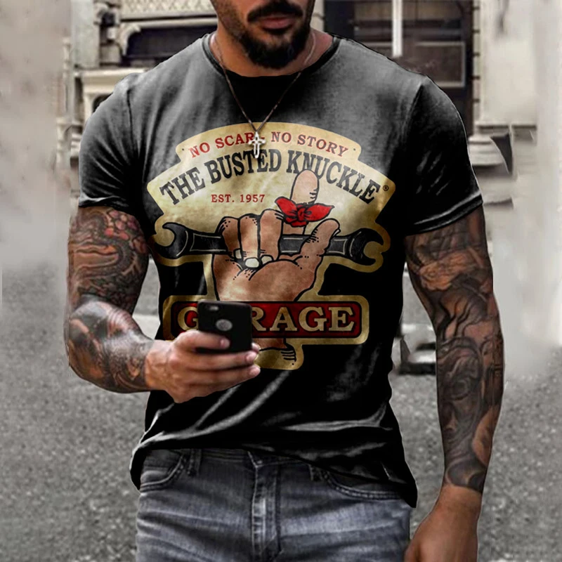 

Men's T-Shirt Oversized Retro Short Sleeve Summer New Trend Fashion Harajuku Wrench Ethnic Alphabet Printing Casual Sports