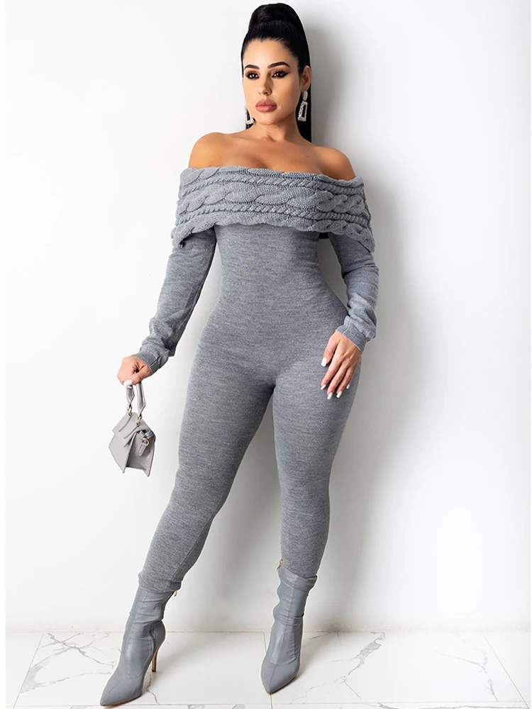 Womens Jumpsuit Vintage Off The Shoulder Long Sleeve Overalls Fall Winter Slash Neck One Piece Outfit Cable Knit Fitness Rompers