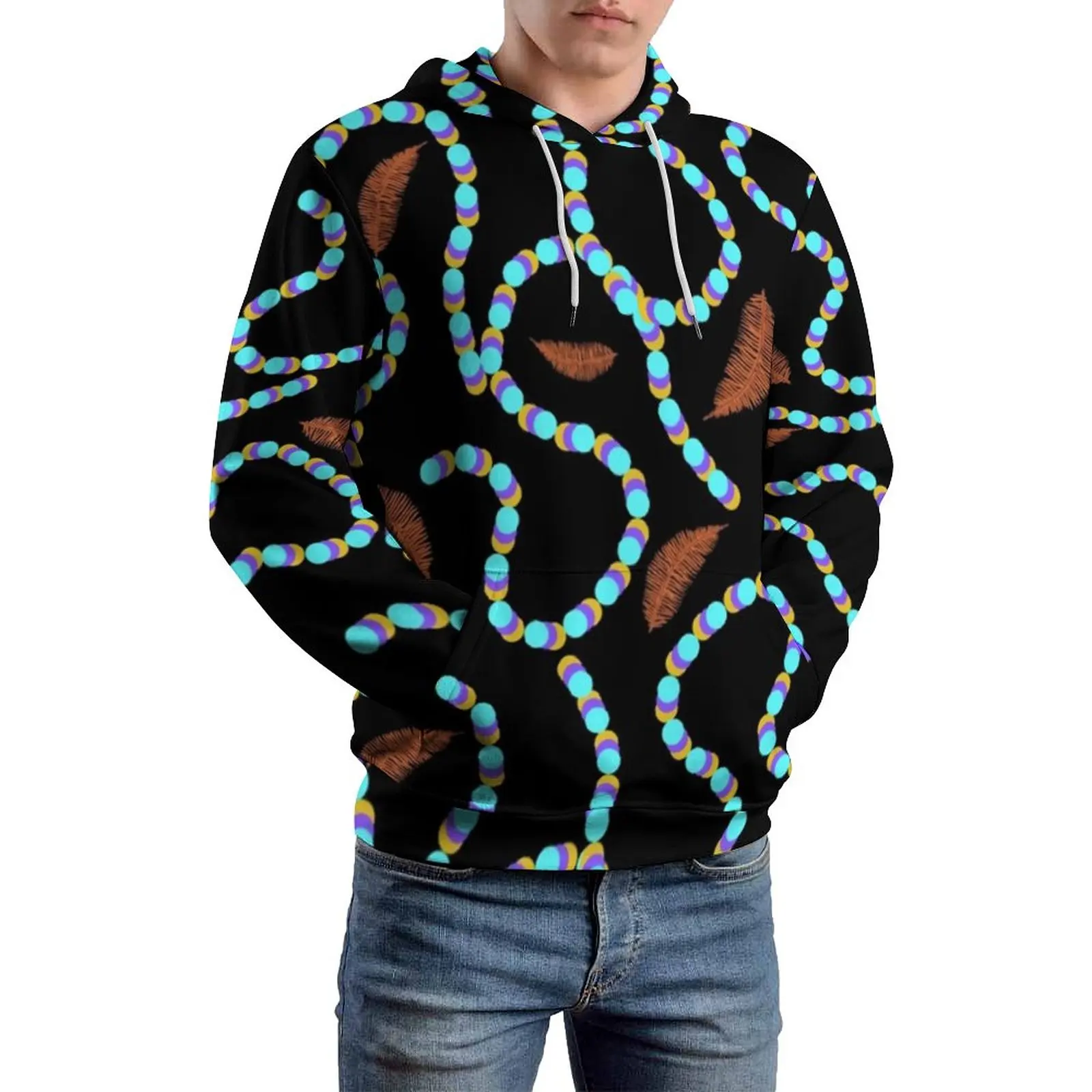 

Bright Beads Print Hoodies Falling Leaves Polyester Outdoor Pullover Hoodie Long Length Nice Autumn Hoodie Over Size