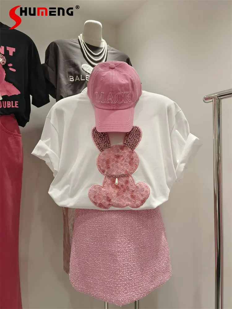 

2023 Spring Summer New Cotton Loose Mid-Length Short-Sleeved T-shirt Women's Fashion Red Rose Rabbit Half-Sleeved Top Tees