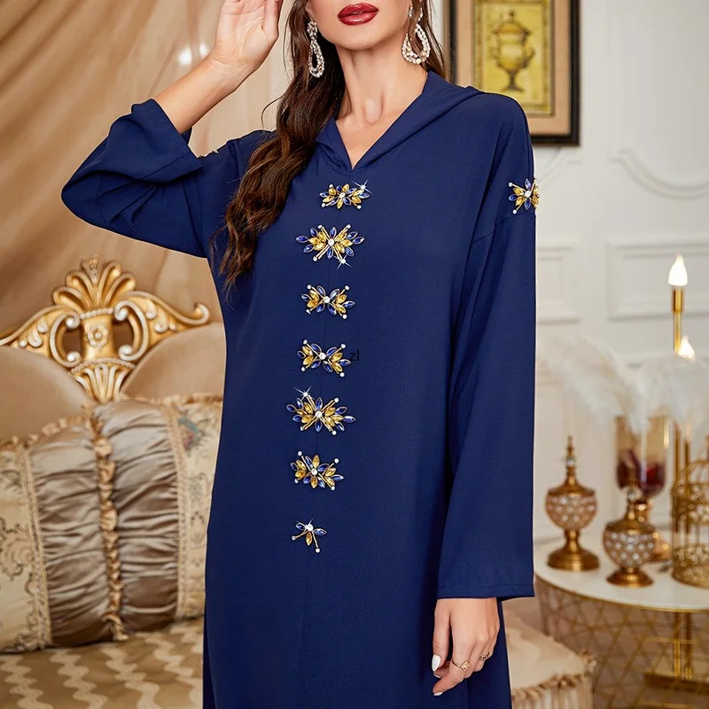 Women's Robe Tibetan Blue Handmade Diamond Hooded Dress Muslim Maxi Dress 2022 New Kaftan Abayas Djellaba Moroccan Vestidos