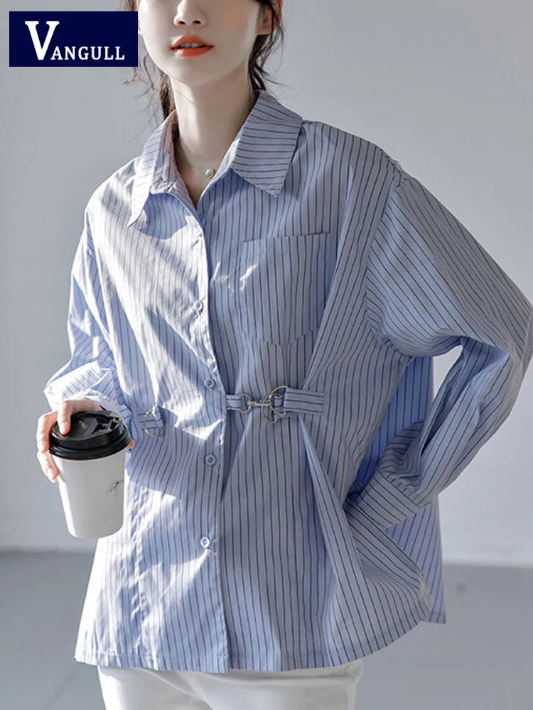 

Vangull Office Lady Style Blue Striped Shirt Women Long Sleeve Turn-down Collar Blouse Female Loose Single Breasted Ladies Tops