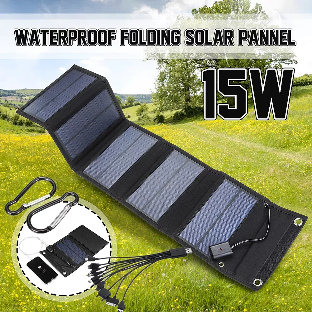 

NEW2023 Portable Solar Charger 5V USB Solar Panel Pack Kit Complete 15w for Power Bank Cell Light Hiking Outdoor W/Carabine